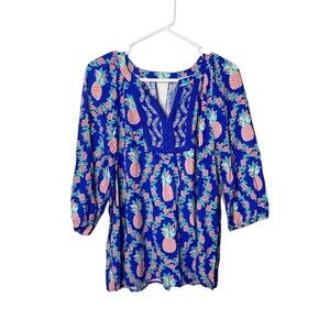 Crown Ivy Jersey Knit Blouse Bell Sleeve V-Neck Blue Green Pineapple Sz M